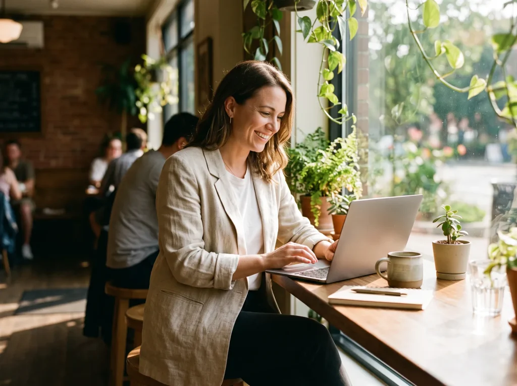 Small business owner smiling at a laptop after launching a website