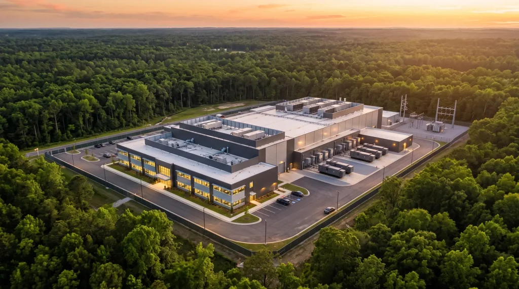 Data centre building surrounded by trees